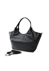 Zwarte leren tote bag met gestructureerd oppervlak, U-vormige opening, twee bovenhandvatten en een afneembare schouderband met gouden hardwareaccenten.