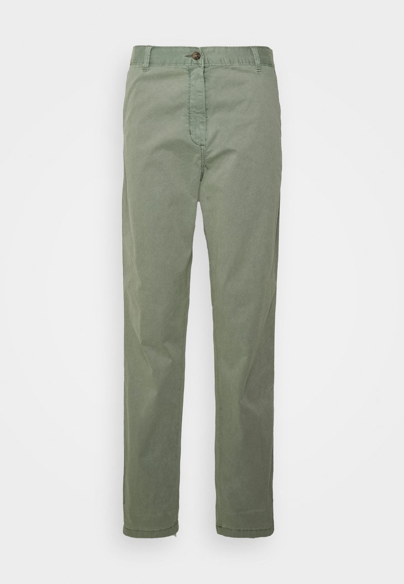 Pantalons en coton vert olive avec une coupe droite, fermeture à bouton sur le devant et texture subtile. Comprend des passants de ceinture et des poches latérales.