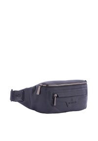 Marsupio in pelle sintetica nera con superficie testurizzata, cerniera argentata, tasca frontale con zip e tracolla regolabile. Design compatto e curvo.