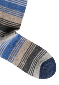 Calzini a righe con tonalità di blu, grigio e beige. Realizzati in tessuto testurizzato con punta rinforzata e polsino elasticizzato per il massimo comfort.