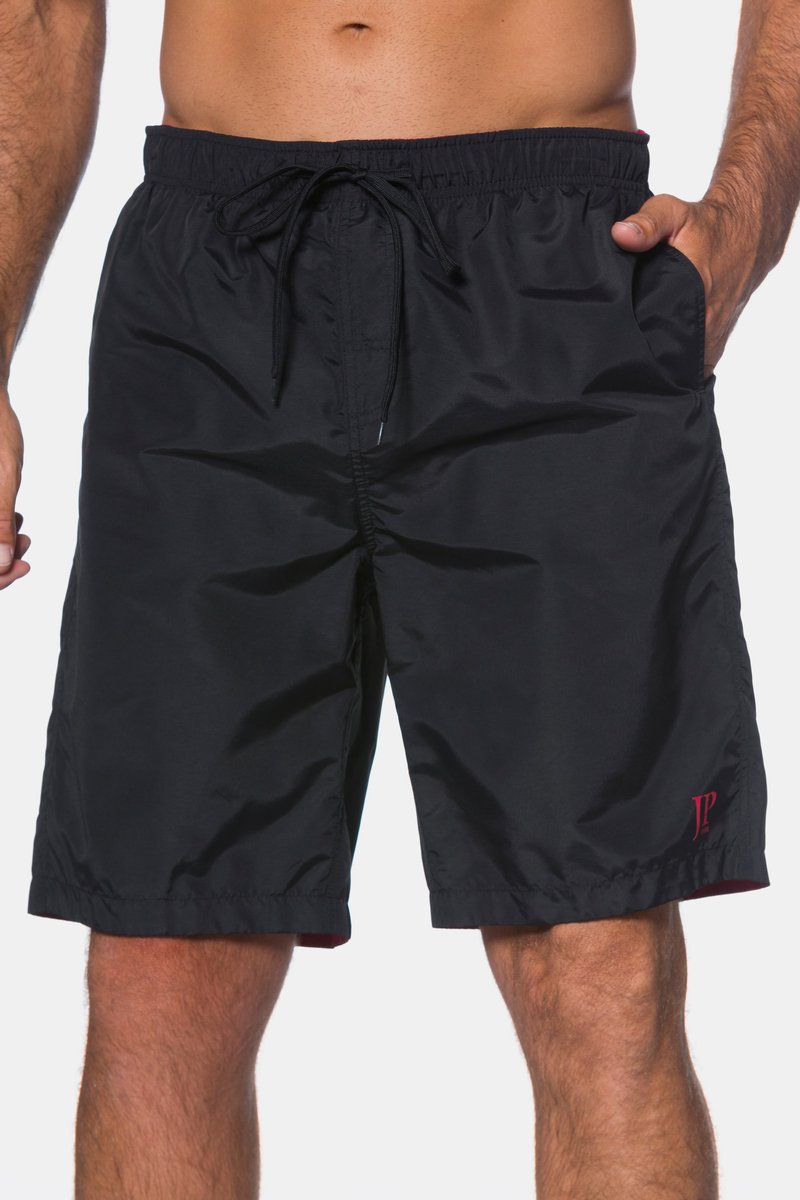 Black men's swim shorts with elastic waistband, drawstring, side pockets, and small red logo on left leg.