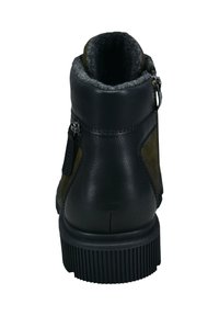 Schwarze Leder- und olivgrüne Wildlederstiefelette bis zur Mitte des Knöchels mit strukturiertem Finish, grauem Innenfutter, seitlichem Reißverschluss und geriffelter Gummisohle.