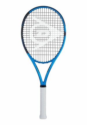 Raquette de tennis bleu et noir avec une poignée blanche et des cordes noires, avec un logo blanc au centre du tamis.