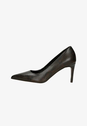 Dunkelbrauner Damen-High-Heel-Pumps mit spitzem Zeh und strukturiertem Schlangenhautmuster, Seitenansicht auf weißem Hintergrund.
