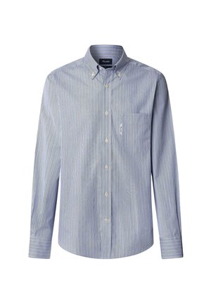 Camicia a maniche lunghe blu e bianca a righe con colletto button-down, tasca sul petto e orlo arrotondato. Realizzata in tessuto leggero.