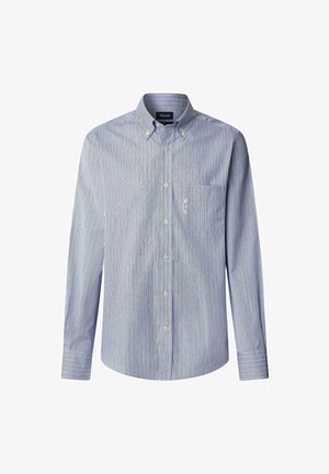 Camicia a maniche lunghe blu e bianca a righe con colletto button-down, tasca sul petto e orlo arrotondato. Realizzata in tessuto leggero.
