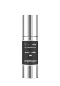 Kollagen-Therapie-Gel in einer zylindrischen Flasche; matt schwarze Oberfläche mit silbernen Akzenten; 30 ml; klinisch dokumentierte Wirksamkeit; Pumpapplikator.