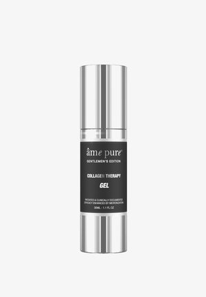 Collagen Therapy gel in a cylindrical bottle; matte black body with silver accents; 30ml; clinically documented efficacy; pump applicator.
