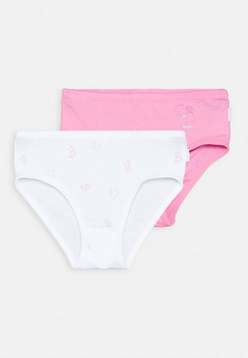 Bomull undertøysett i rosa og hvitt. Den hvite delen har et mønster med små rosa bjørner; den rosa delen har en ensfarget bakgrunn med et trykt design.