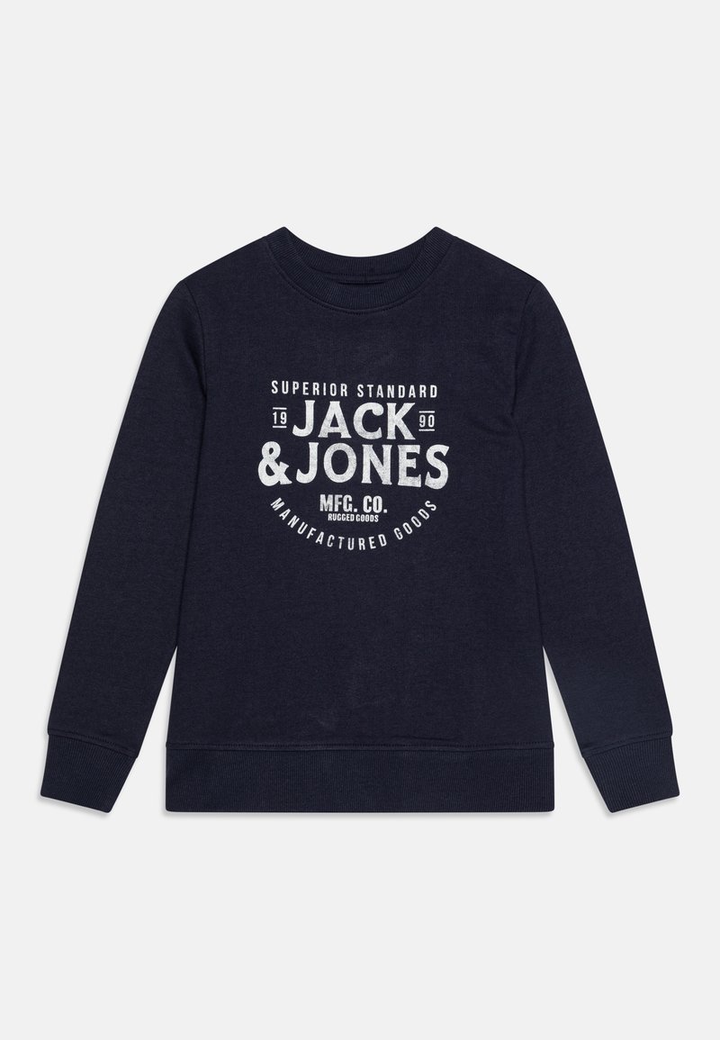 Sweat-shirt bleu marine à manches longues avec le texte et le logo "JACK & JONES" imprimés en blanc au centre devant.