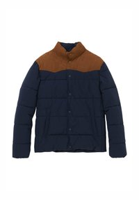 Giubbotto imbottito blu navy con pannello in suede marrone sulla spalla, dotato di colletto alto, chiusura con bottoni e due tasche frontali. Tessuto testurizzato.