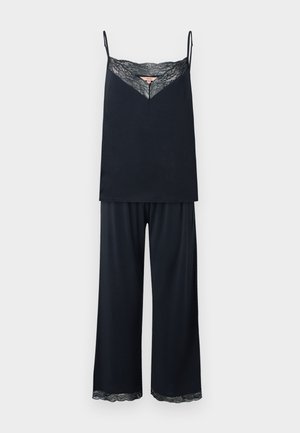 Black satin two-piece pajama set with lace trim on V-neck camisole and wide-leg pants hem, featuring thin shoulder straps.