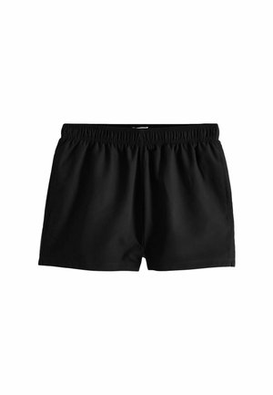 Čierne plavkové šortky s elastickým pásom, jednoduchým dizajnom a bočnými vreckami, zobrazené na bielom pozadí.