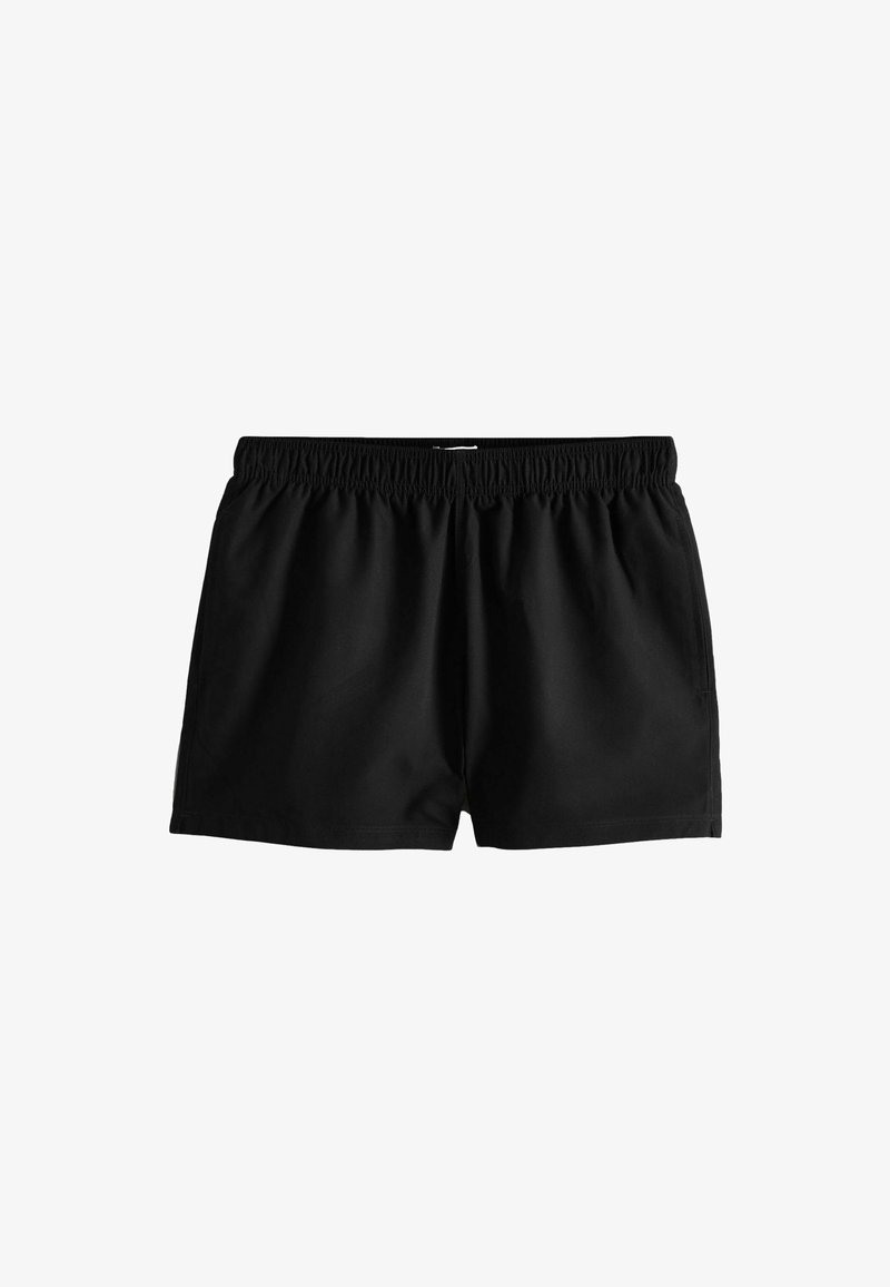 Short de bain à taille élastique noire avec un design simple et des poches latérales, présenté sur un fond blanc.