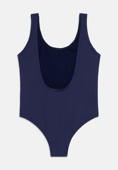 Navy blue one-piece swimsuit with a scoop neckline and wide shoulder straps. Smooth texture, seamless edges, and medium leg cut.