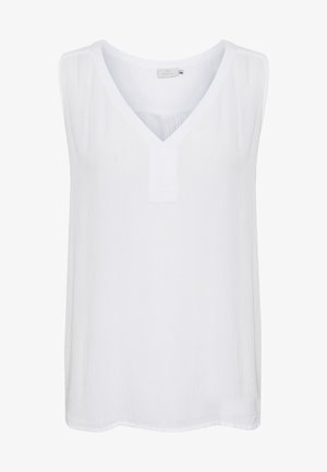 Witte mouwloze blouse met een V-hals, plooidetail aan de voorkant, zachte textuur en een losse pasvorm. Lichtgewicht, casual ontwerp.