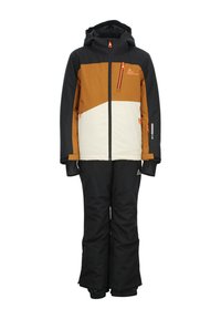Ensemble de veste et pantalon de ski en noir, blanc et marron. La veste dispose d'une poche zippée, d'une capuche réglable et de poignets élastiques.