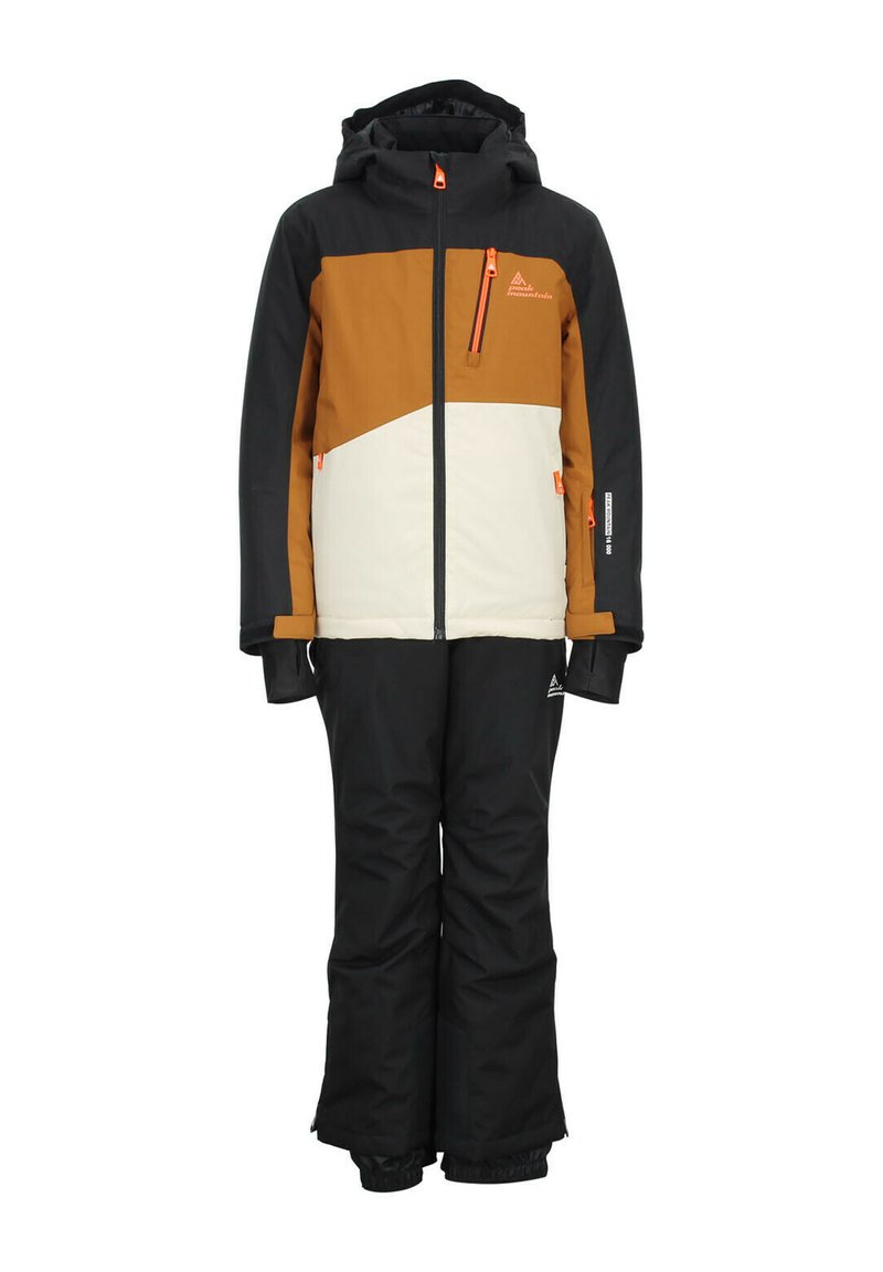 Ensemble de veste et pantalon de ski en noir, blanc et marron. La veste dispose d'une poche zippée, d'une capuche réglable et de poignets élastiques.