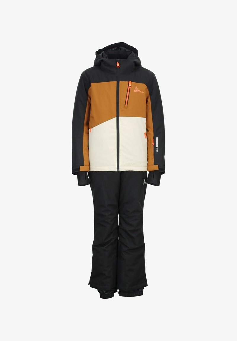 Ensemble de veste et pantalon de ski en noir, blanc et marron. La veste dispose d'une poche zippée, d'une capuche réglable et de poignets élastiques.