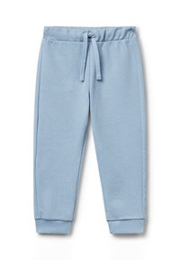 Světle modré pletené tepláky s elastickým pasem, stahovací šňůrkou, bočními kapsami a žebrovanými manžetami na kotnících.