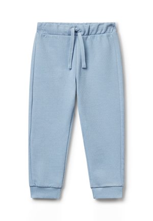 Pantaloni della tuta a maglia blu chiaro con vita elasticizzata, cordoncino, tasche laterali e polsini a coste sulle caviglie.