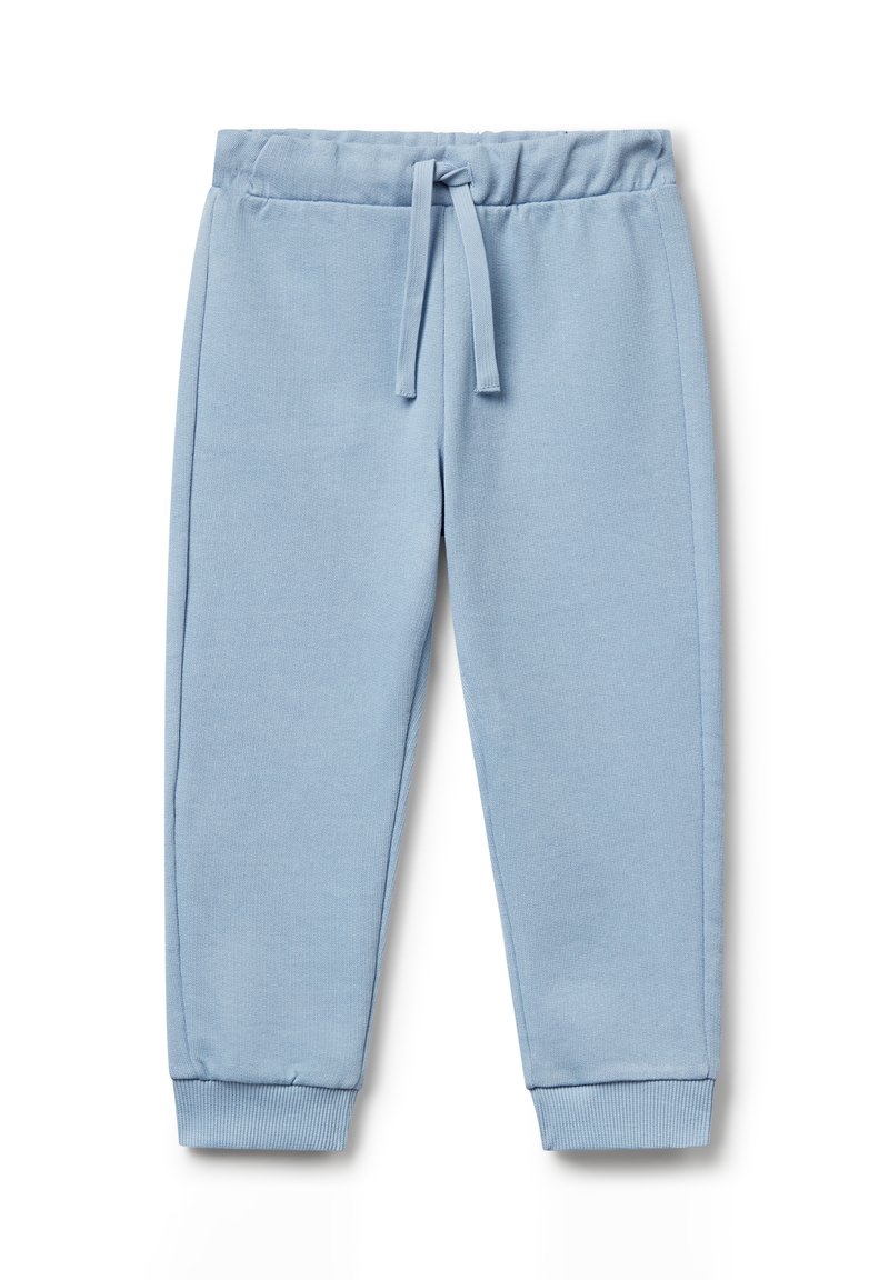 Světle modré pletené tepláky s elastickým pasem, stahovací šňůrkou, bočními kapsami a žebrovanými manžetami na kotnících.