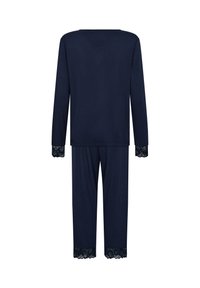 Navy pajama set with long sleeves and pants, featuring lace accents at cuffs and hems. Soft fabric, relaxed fit, simple design.