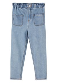 Pantaloni in denim azzurro chiaro con vita elastica, dotati di due tasche posteriori e cuciture in contrasto, con un design a gamba dritta.