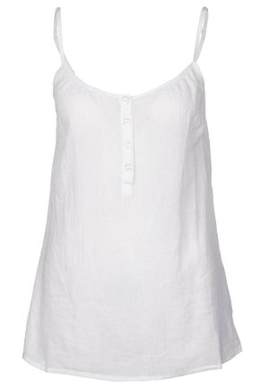 Valkoinen naisten hihaton toppi ohuilla hihnoilla ja neljällä napilla keskellä edessä, valmistettu kevyestä kankaasta.