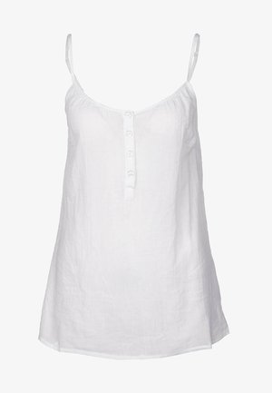 Biały damski top bez rękawów z cienkimi ramiączkami i czterema guzikami z przodu, wykonany z lekkiego materiału.
