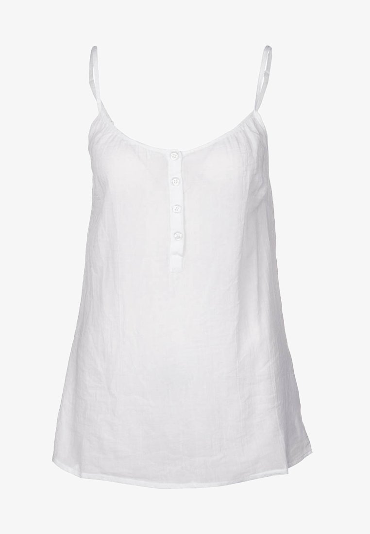 Biały damski top bez rękawów z cienkimi ramiączkami i czterema guzikami z przodu, wykonany z lekkiego materiału.
