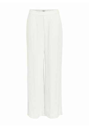 Pantalones blancos de pierna ancha hechos de tejido liviano. Presentan una cintura elástica y un diseño limpio y sin adornos para un look minimalista.