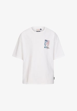 Biały bawełniany T-shirt z krótkim rękawem, z małym prostokątnym nadrukiem fali i napisem „Pozdrowienia znad plaży” na lewej piersi.