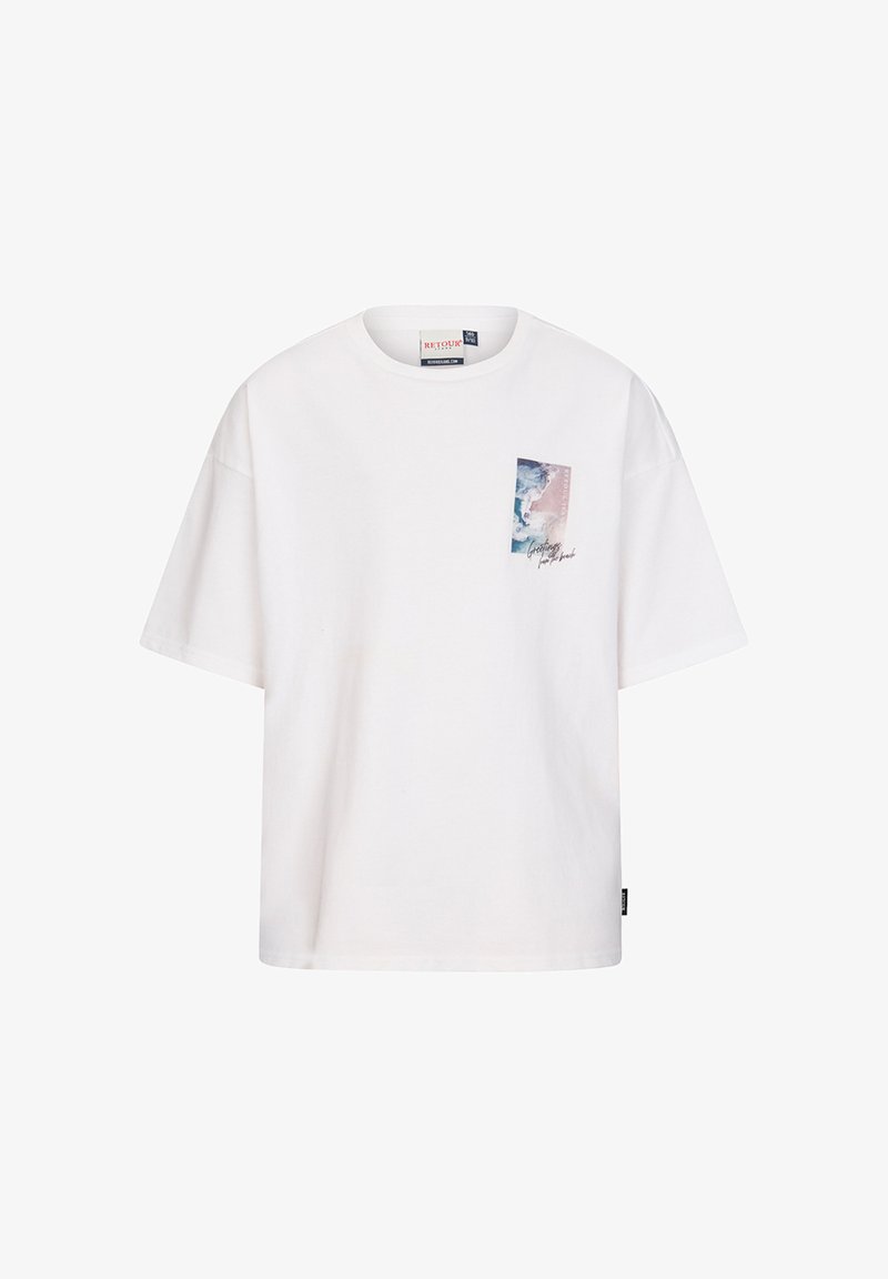 Wit katoenen T-shirt met korte mouwen en een kleine rechthoekige afbeelding van een golf met de tekst "Greetings from the beach" op de linkerborst.