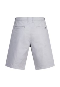 Light gray shorts made from cotton blend material. Features a straight cut, back pockets, and standard belt loops.