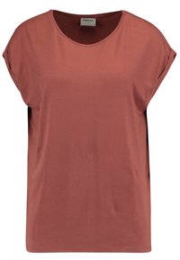 Bluzka krótki rękaw o luźnym kroju w rdzawym kolorze, z zawiniętymi rękawami i okrągłym dekoltem, metka z napisem "AWARE" wewnątrz kołnierza.
