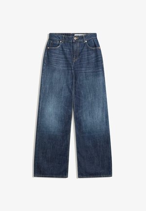 Bredde ben jeans i mørkeblå denim med fem lomme-design, lyse syninger og knaplukning ved taljen.
