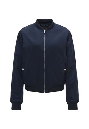 Marineblaue Bomberjacke aus glattem Stoff, mit Reißverschluss vorne, gerippten Bündchen und Saum, seitlichen Taschen und silbernen Hardware-Akzenten.