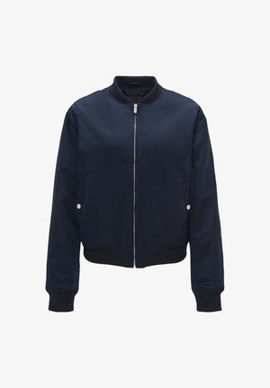 Marineblaue Bomberjacke aus glattem Stoff, mit Reißverschluss vorne, gerippten Bündchen und Saum, seitlichen Taschen und silbernen Hardware-Akzenten.