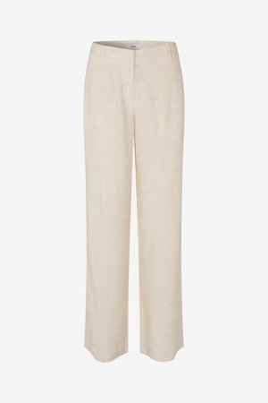 Pantalones de lino beige con diseño de pierna recta, que presentan una textura suave y un ligero brillo. Incluyen cinturilla y bolsillos frontales discretos.
