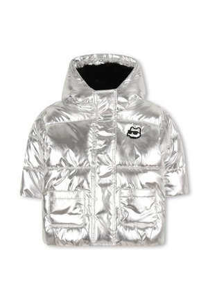 Silver puffer jacket with a hood, featuring a glossy finish, two front pockets, and a black inner lining. Includes a small logo accent.