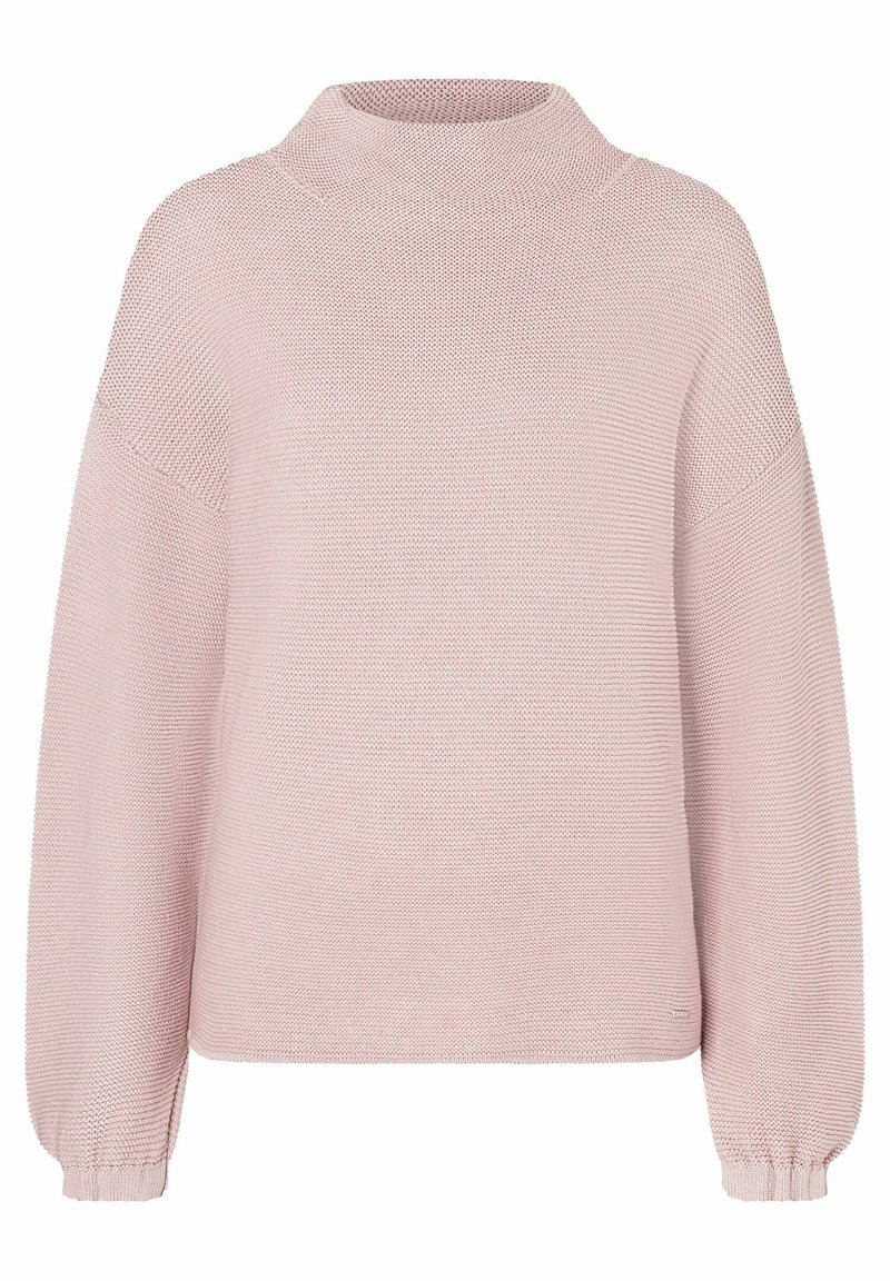 Maglione lavorato a maglia rosa chiaro con scollatura alta, design con spalla scesa e polsini a coste. Presenta un tessuto testurizzato con una vestibilità morbida.