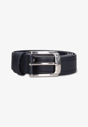 Cintura in pelle blu navy arrotolata con fibbia rettangolare argentata lucida e dettagli con bordi cuciti.