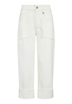 High-waist white pants with cuffed hems, front patch pockets, button and zipper closure, and small ring detail near the waistband.