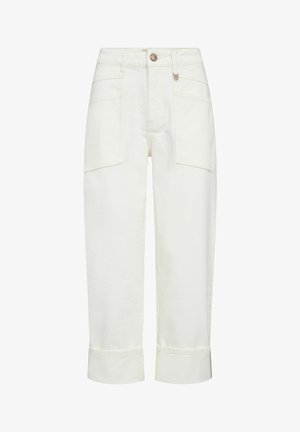 High-waist white pants with cuffed hems, front patch pockets, button and zipper closure, and small ring detail near the waistband.