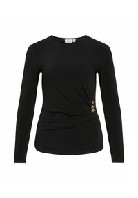 Must pikkade varrukatega pluus ümmarguse kaelusega, millel on drapeeritud disain ja vasakul küljel kolm kuldset nööpi dekoratiivsena.