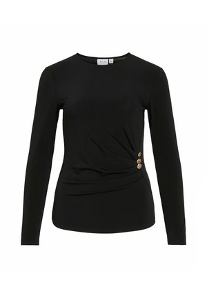 Juoda ilgomis rankovėmis palaidinė su apvalia iškirpte, puošta drapiruotu dizainu ir trimis auksinėmis sagutėmis kairėje pusėje kaip dekoratyviniu akcentu.