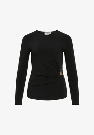 Juoda ilgomis rankovėmis palaidinė su apvalia iškirpte, puošta drapiruotu dizainu ir trimis auksinėmis sagutėmis kairėje pusėje kaip dekoratyviniu akcentu.