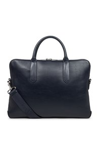Borsa a tracolla in pelle blu navy con manici superiori doppi, spallaccio rimovibile e chiusura con zip. Texture liscia e design minimalista con hardware robusto.