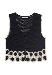 Schwarze Häkelweste mit V-Ausschnitt, ausgestattet mit cremefarbenem, rundem Spitzenbesatz am Saum und drei Knöpfen vorne.